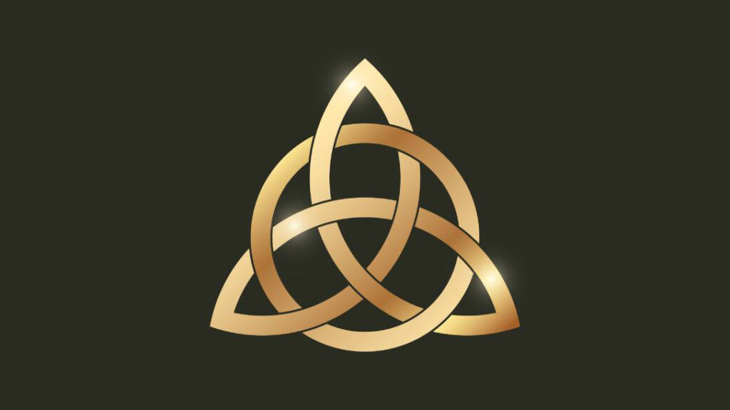 Celtic triquetra knot on black background.